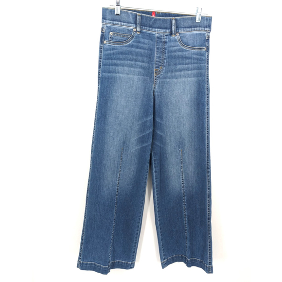 Spanx Jeans Womens Medium Blue Seamed Front Wide Leg Denim Stretch Pants Comfort - Picture 2 of 12